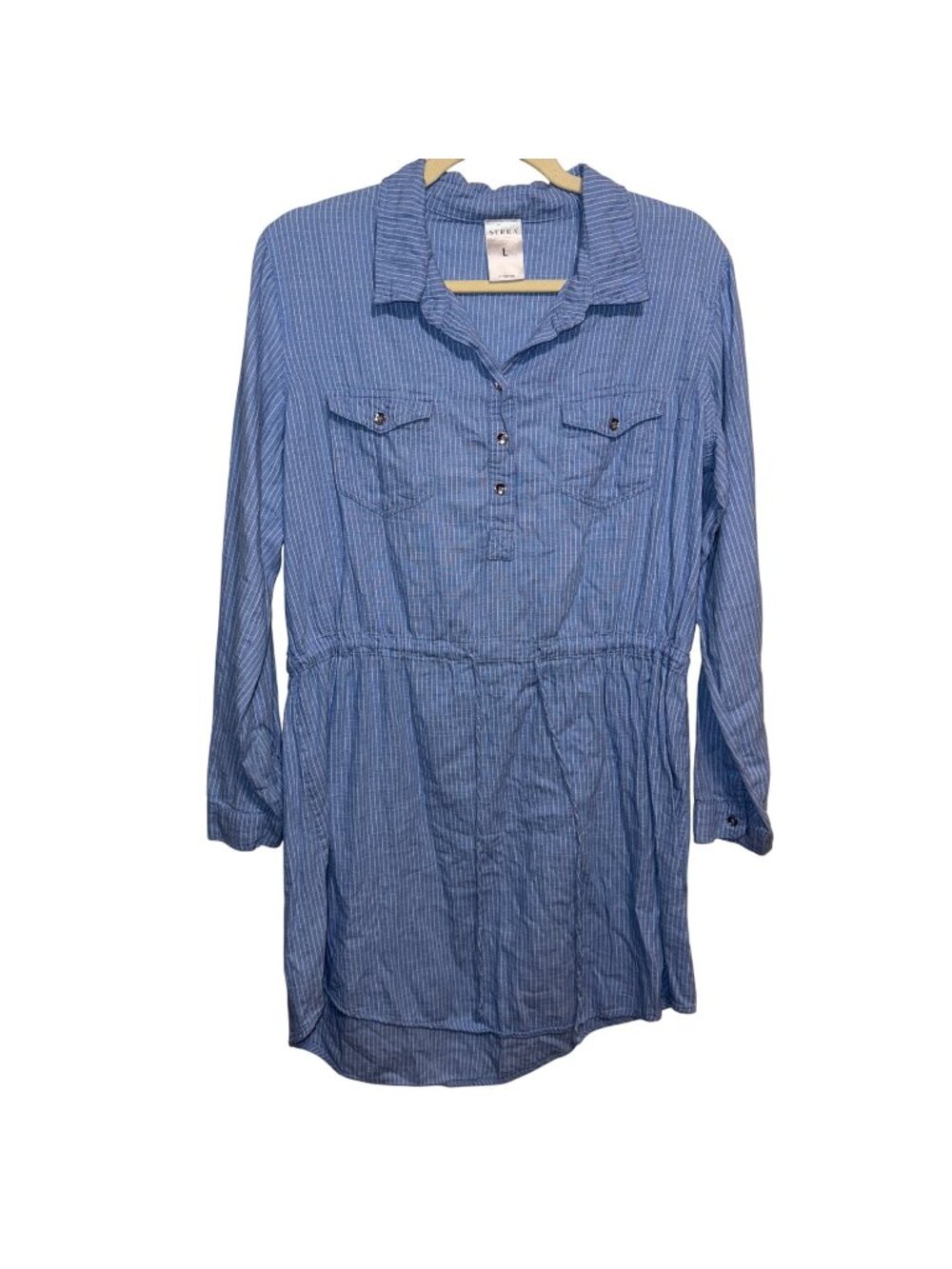 Serra Womens Blue Striped Long Sleeve Shirt Dress L Cotton